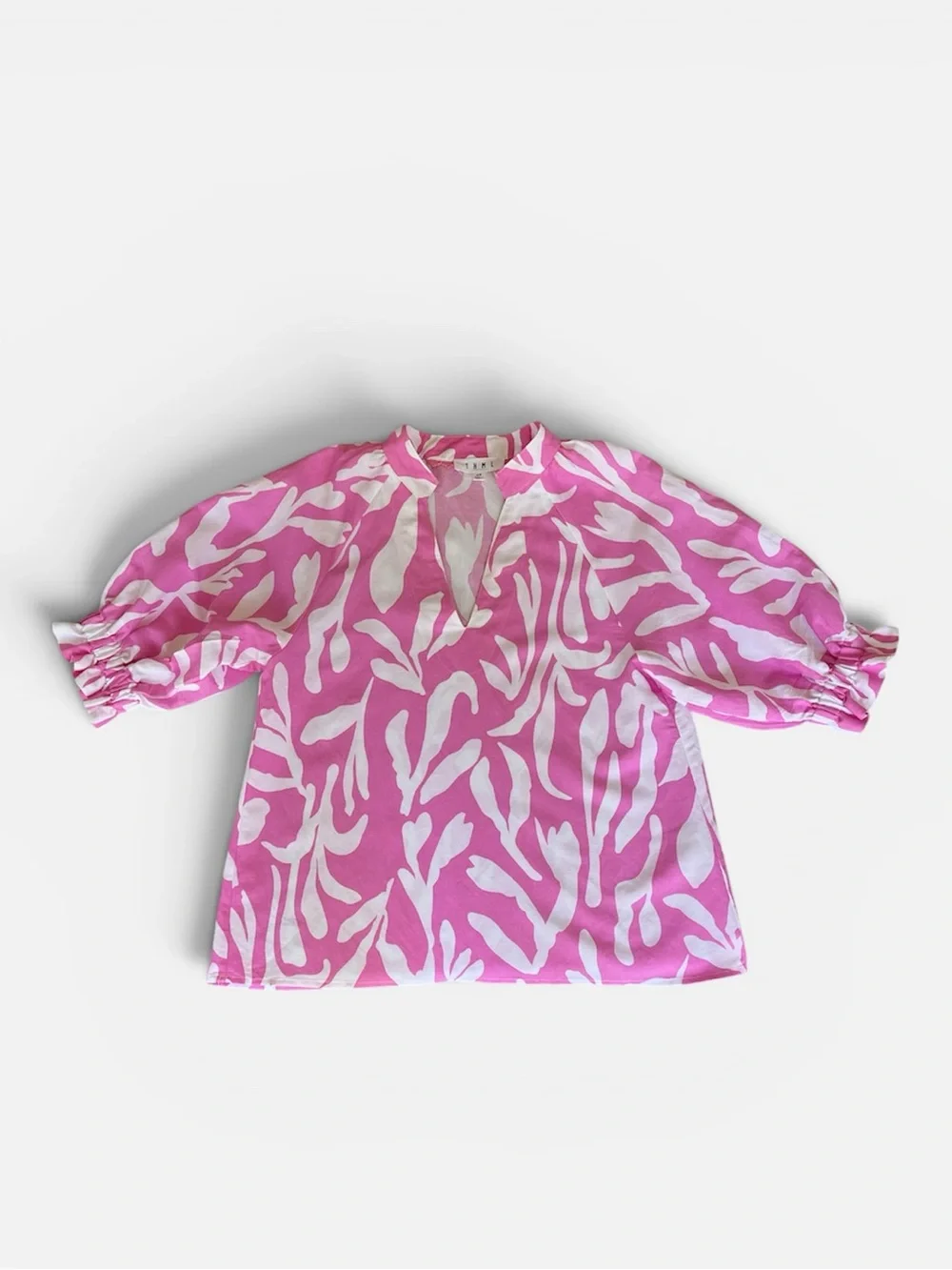 Anthropologie THML Abstract Puff-Sleeve Blouse in Pink & White Sz XS